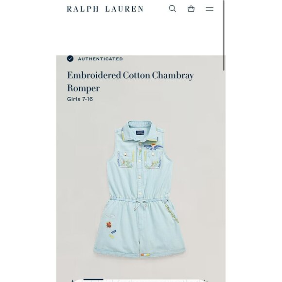 Polo Ralph Lauren Girls Embroidered Cotton Chambray Romper sz 14 - Picture 4 of 14